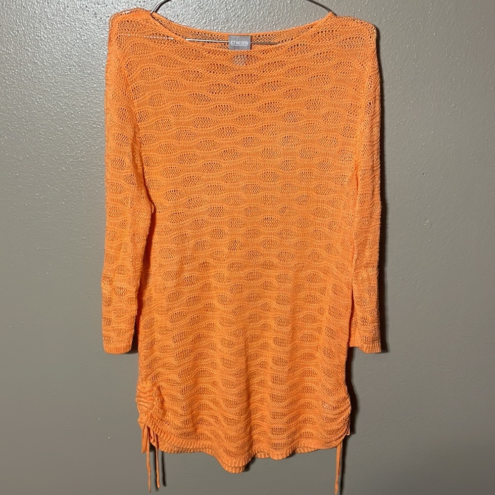 Chico’s - light orange wavy open weave 3/4 sleeve sweater w/ gathered tie sides